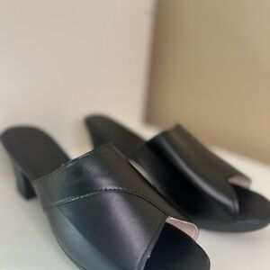 Black Peep Toe Block Heel Mules Minimalist Slide Sandals ✨